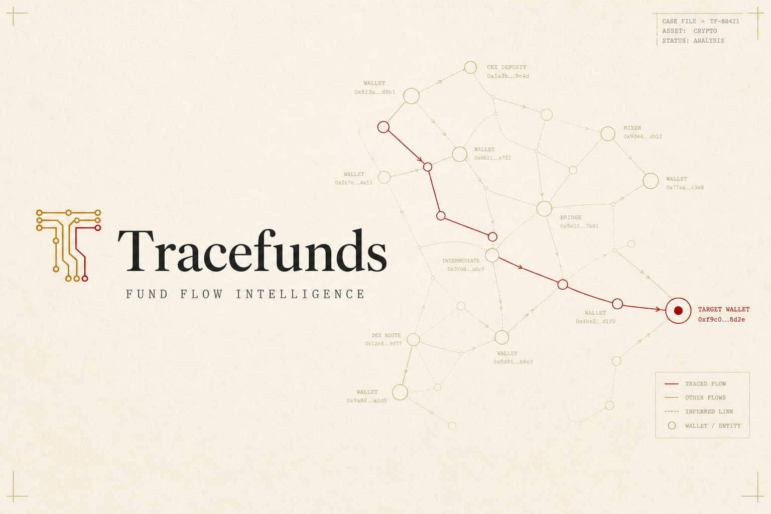 Sample Tracefunds case file — fund flow graph and verification checklist